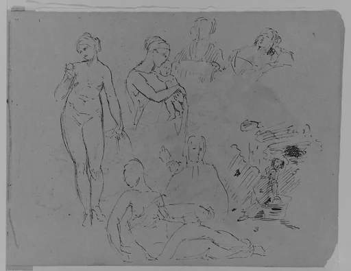 Seven Figure Sketches: Standing Female Nude with Fruit; Madonna and Child (?); Two Female Busts; Recumbent Semi-nude Figure, etc. (from Sketchbook)
