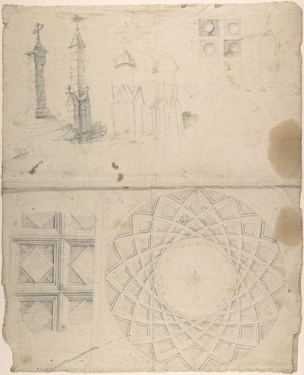 Design for coffered cupola interior and monuments (recto); details of wall decoration (verso) — Anonymous, German, 19th century