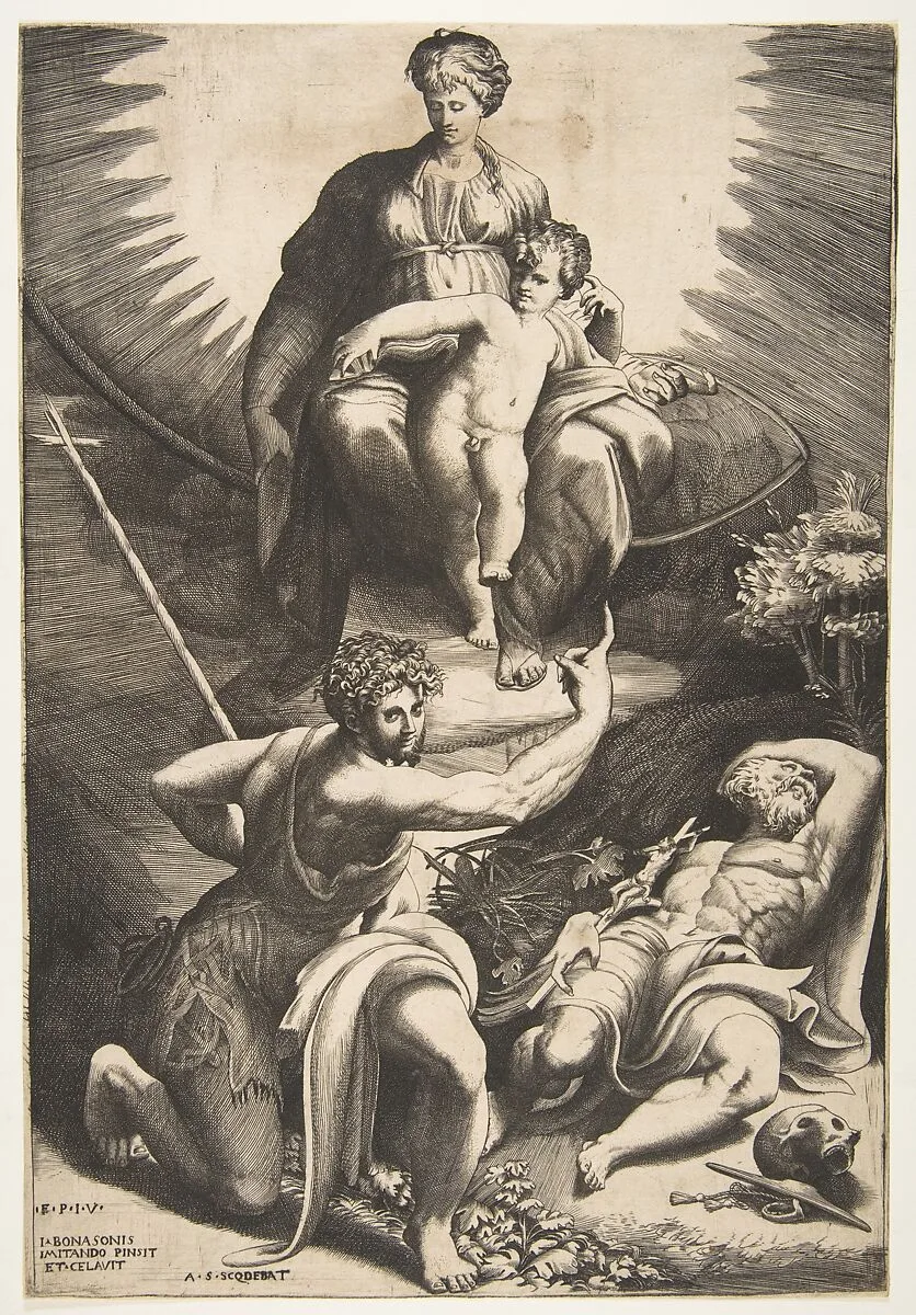 The vision of Saint Jerome who is asleep in the bottom right, the Virgin and Child appear above being pointed to by Saint John the Baptist — Giulio Bonasone|Parmigianino (Girolamo Francesco Maria Mazzola)