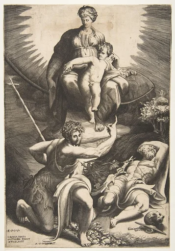 The vision of Saint Jerome who is asleep in the bottom right, the Virgin and Child appear above being pointed to by Saint John the Baptist