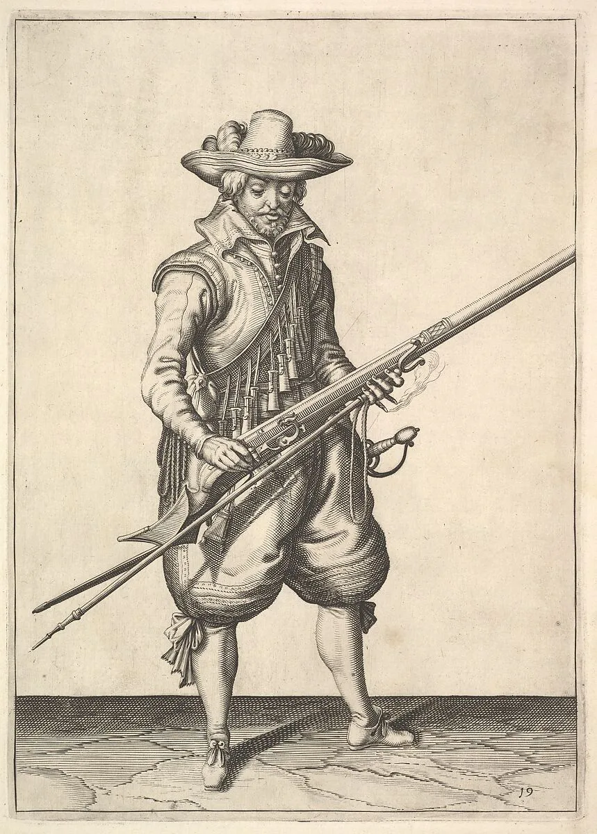A soldier shaking the powder from the top of the pan, from the Musketeers series, plate 19, in Wapenhandelinghe van Roers Musquetten Ende Spiessen (The Exercise of Arms) — Jacques de Gheyn II|Jacques de Gheyn II
