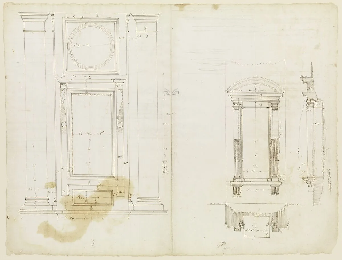 San Lorenzo, Library, Ricetto, upper window, elevation; niche,elevation, plan, and section (recto) San Lorenzo, Library, Ricetto, niche, details; upper window, details, elevation (verso) — Anonymous, French, 16th century