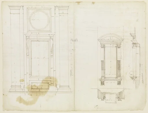 San Lorenzo, Library, Ricetto, upper window, elevation; niche,elevation, plan, and section (recto) San Lorenzo, Library, Ricetto, niche, details; upper window, details, elevation (verso)