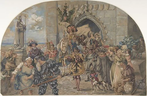 Medieval knight leaving a castle