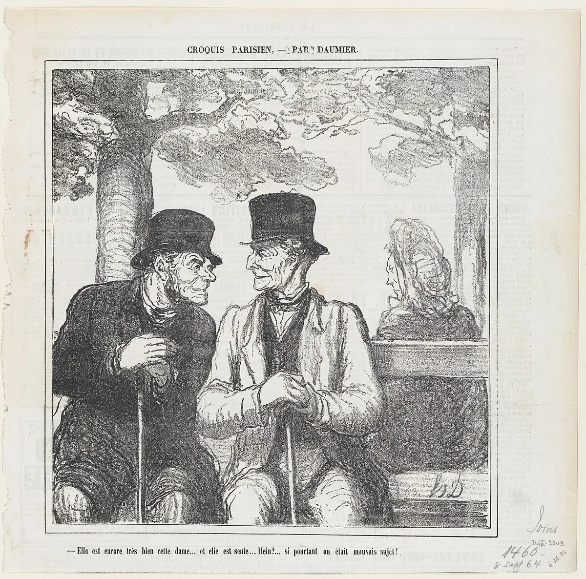 Not bad, not bad at all the lady over there.... I wonder if she is alone... What rakes we are!, from 'Parisian sketches,' published in Le Charivari, September 8, 1864 — Honoré Daumier|Aaron Martinet|Destouches
