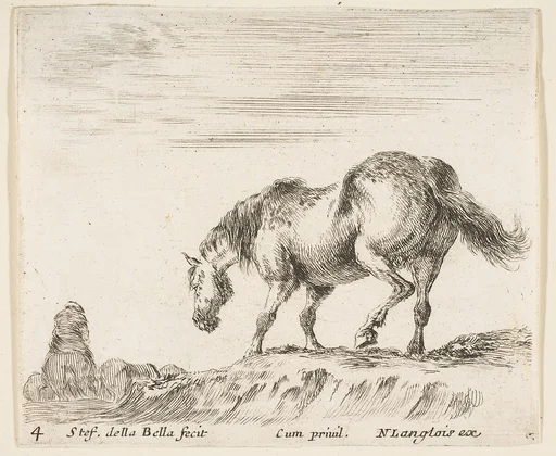 A horse in profile facing the left, about to descend from a mound, a horseman to left in background, plate 4 from "Diversi capricci"