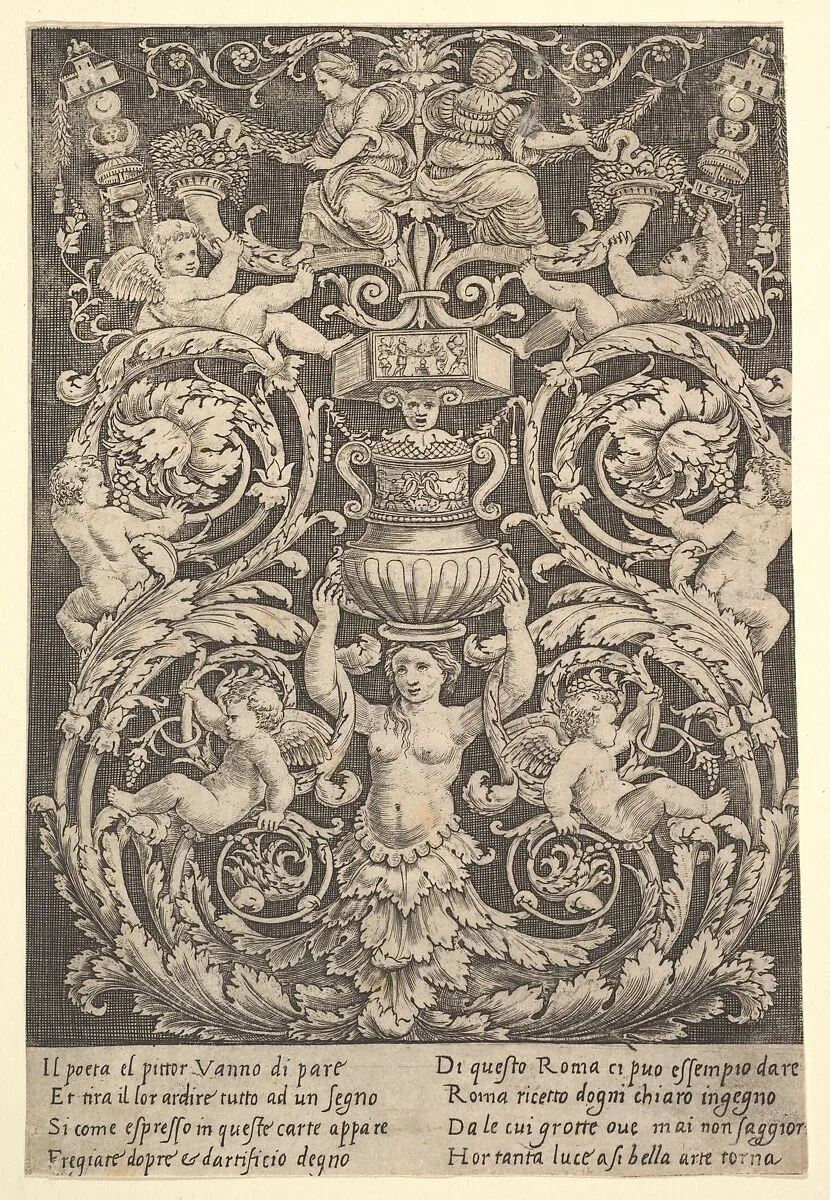 A panel of ornament with a woman holding a vase in centre — Master of the Die|Perino del Vaga (Pietro Buonaccorsi)