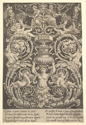 A panel of ornament with a woman holding a vase in centre