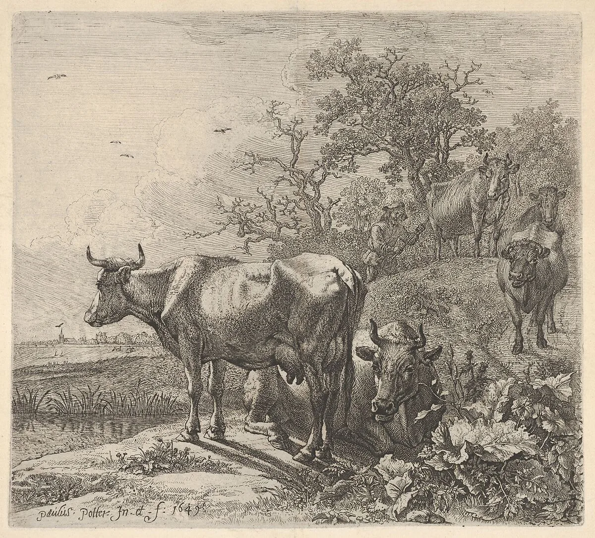 Cowherd driving three horned cattle before him; below, in the foreground, a recumbent steer and a standing steer, marsh and trees beyond — Paulus Potter