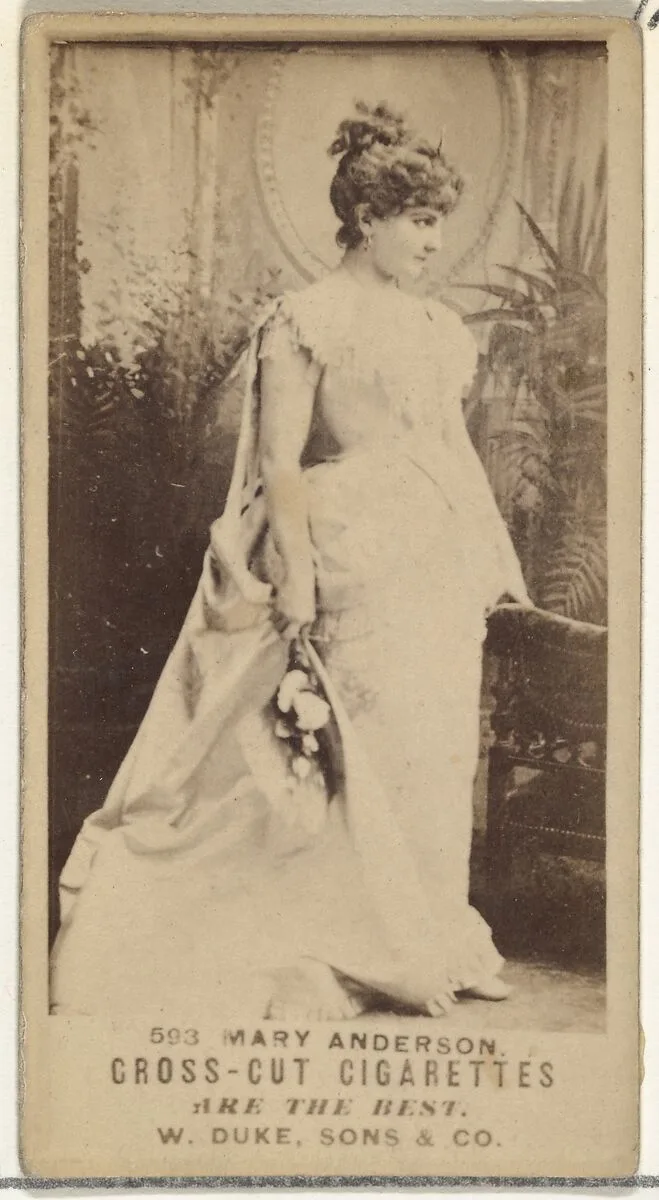 Card Number 593, Mary Anderson, from the Actors and Actresses series (N145-3) issued by Duke Sons & Co. to promote Cross Cut Cigarettes — W. Duke, Sons & Co.
