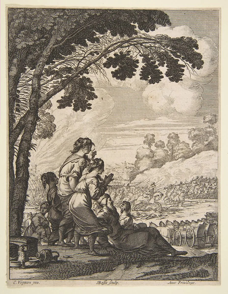 Illustration from "L'Ariane" by Desmarets de Saint-Sorlin; Palamede on Horseback Confronts His Enemies while Searching for Epicharis — Abraham Bosse|Matthieu Guillemot|Claude Vignon