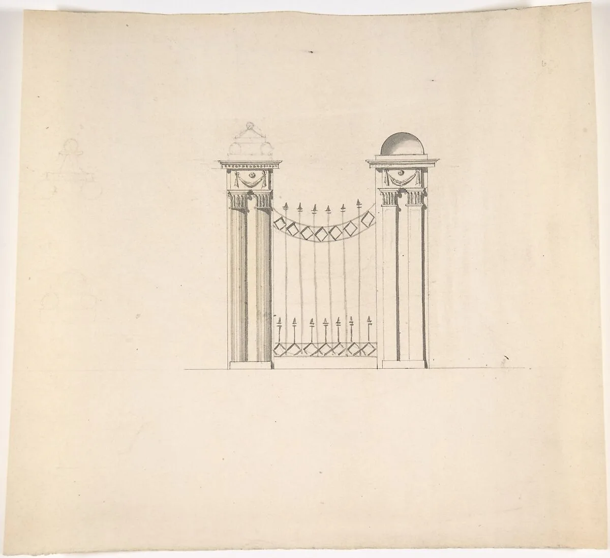 Design for Gate Piers with Paired Pilasters and Domed Caps, and a Gate — Anonymous, British, 18th century
