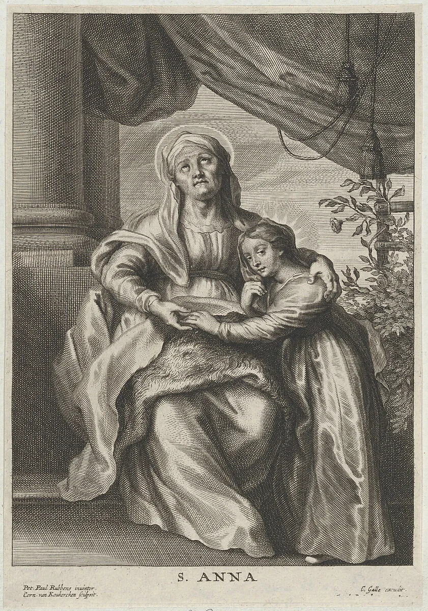 The education of the Virgin, with Saint Anne seated on a bench looking upwards and putting her arm around the Virgin — Peter Paul Rubens|Cornelis van Caukercken|Cornelis Galle II