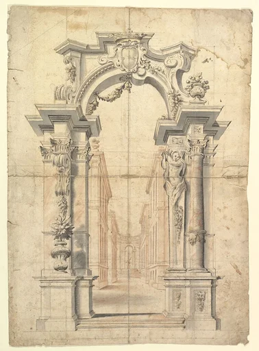 Two One Half Variants of a Design for Painted Wall Decoration with Arch and Perspective View Inside (recto). Negligible diagrams and compass drawn circle (verso).