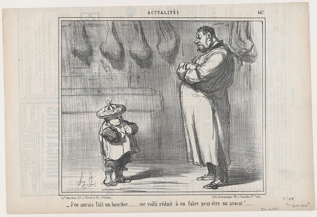 J'en aurais fait un boucher..., from Actualités, published in Le Charivari, December 10, 1857 — Aaron Martinet|Honoré Daumier|Destouches