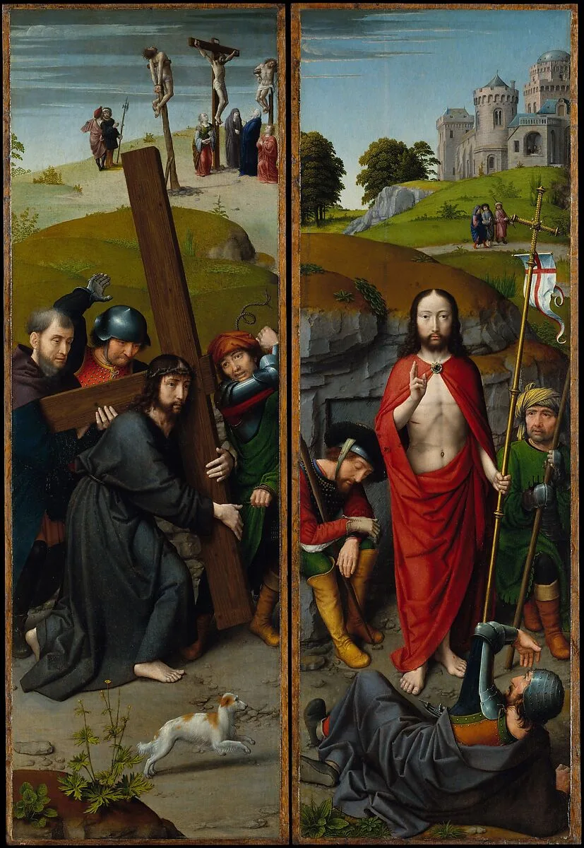 Christ Carrying the Cross, with the Crucifixion; The Resurrection, with the Pilgrims of Emmaus — Gerard David