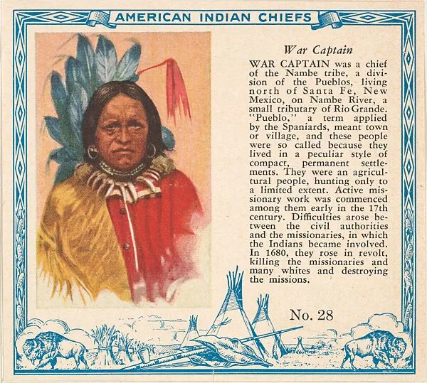 Card No. 28, War Captain, from the Indian Chiefs series (T129) issued by Red Man Chewing Tobacco — Red Man Chewing Tobacco