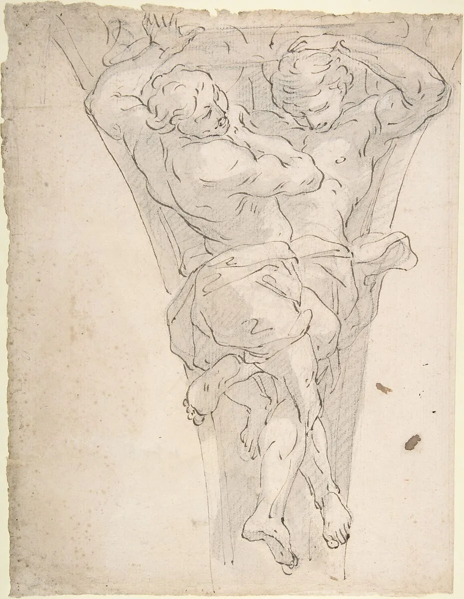 Two Partially Draped Male Figures in a Pendentive — Giovanni Battista Carlone