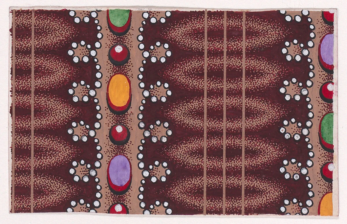 Textile Design with Alternating Vertical Rows of Lens Shapes and Rows of Ovals and Pearls Framed by Undulating Garlands of Pearls — Anonymous, Alsatian, 19th century