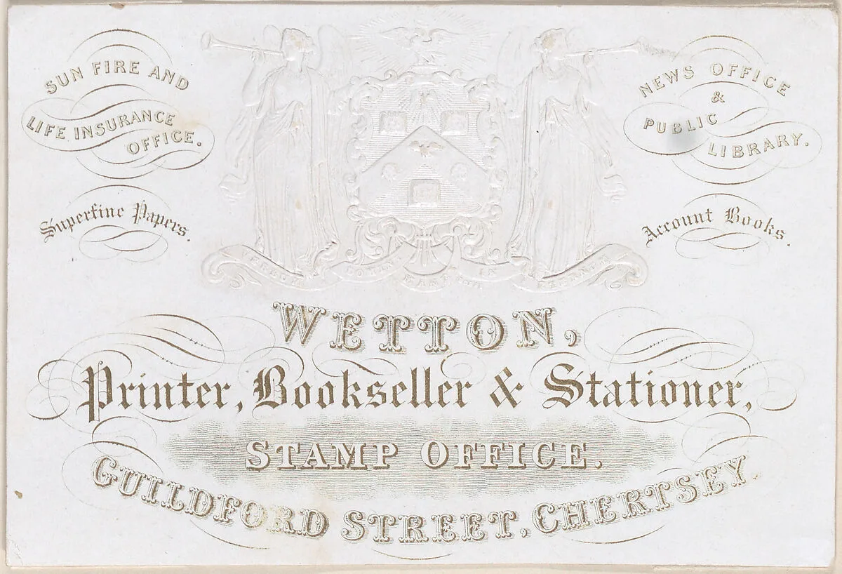 Trade card for Wetton, printer, bookseller and stationer — Anonymous, British, 19th century