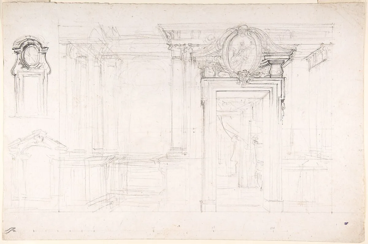 Architectural Sketch for the design of a Wall with Doorway, with two smaller sketches for the design of windows or doorways (recto); Sketches for a plan and partial perspective view of ceiling (verso) — Luigi Vanvitelli