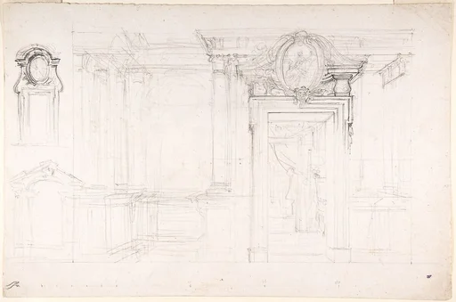 Architectural Sketch for the design of a Wall with Doorway, with two smaller sketches for the design of windows or doorways (recto); Sketches for a plan and partial perspective view of ceiling (verso)