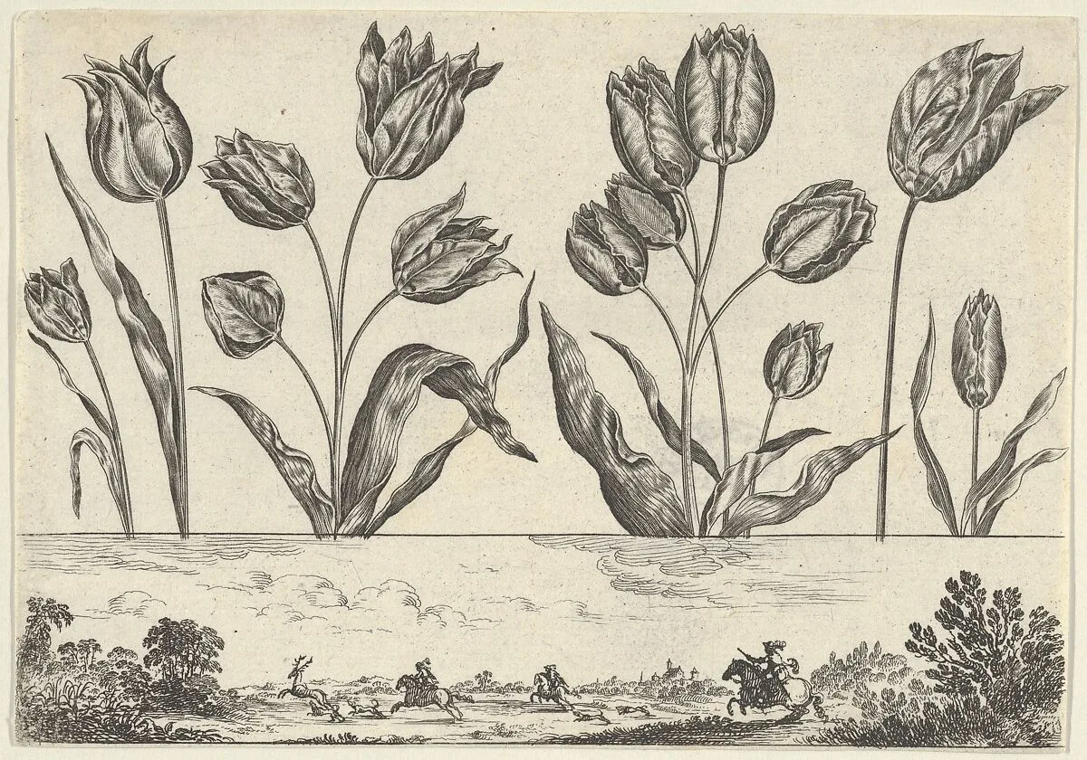 Horizontal Panel with a Row of Flowers Above a Frieze with a Hunting Scene in a Landscape, from Livre Nouveau de Fleurs Tres-Util — Nicolas Cochin|Balthazar Moncornet