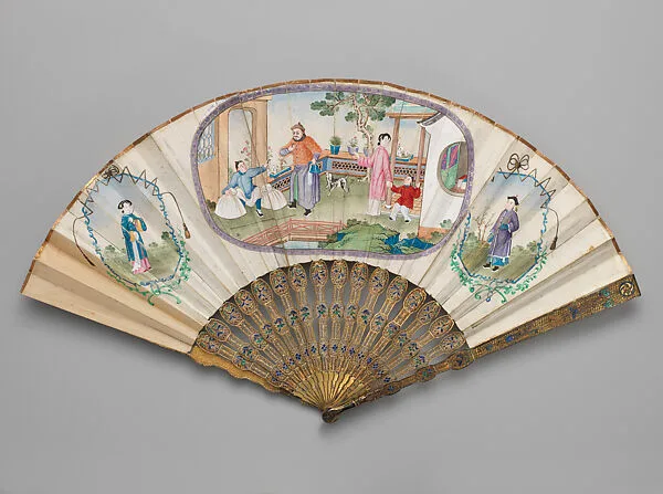Folding Fan with Three Scenes of Figures in a Courtyard Garden — Unknown