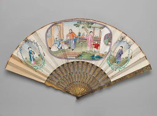 Folding Fan with Three Scenes of Figures in a Courtyard Garden
