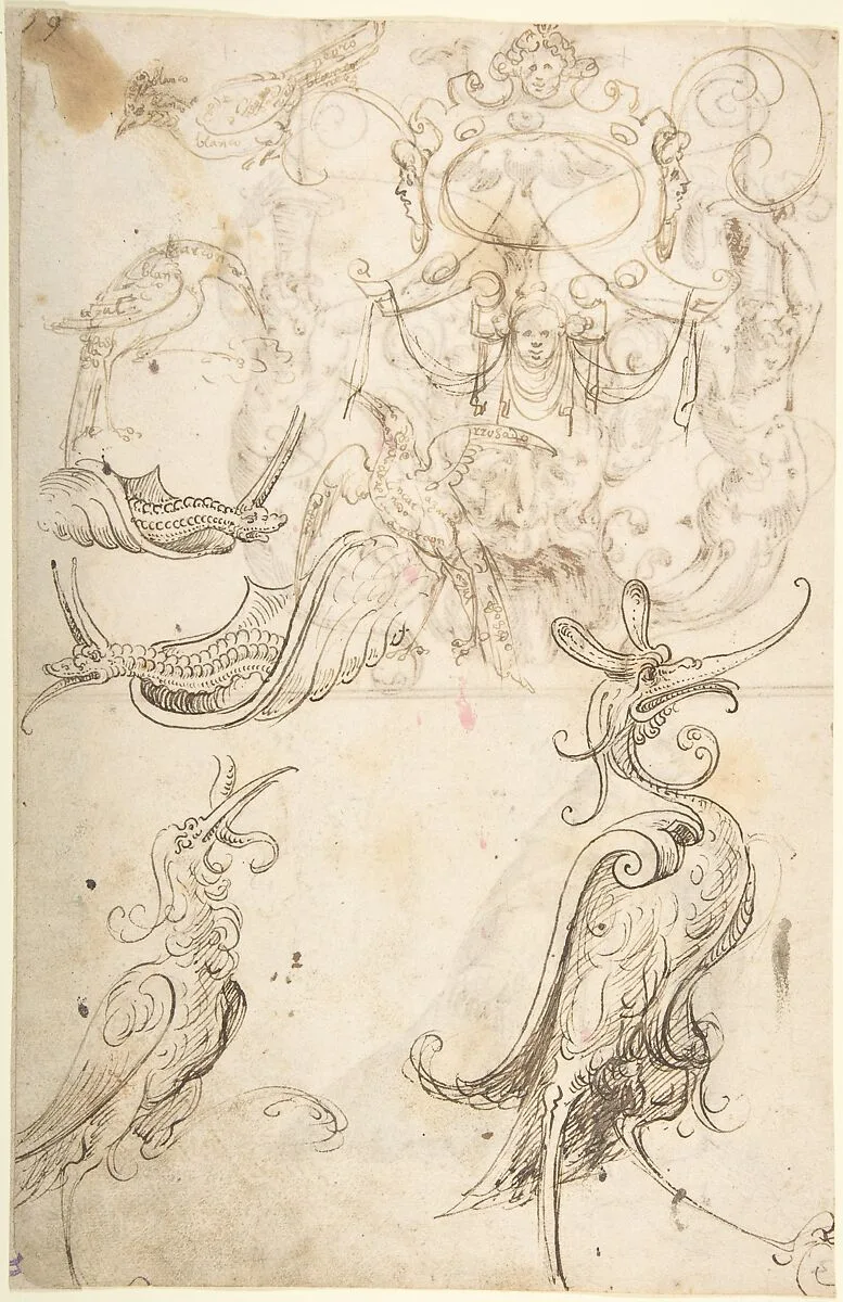 Fantastical creatures, birds, and strapwork cartouche (recto); grotesque mask and kneeling priest (verso) — Andrés de Melgar