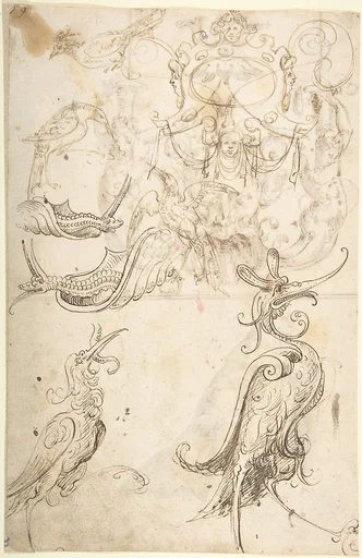 Fantastical creatures, birds, and strapwork cartouche (recto); grotesque mask and kneeling priest (verso)