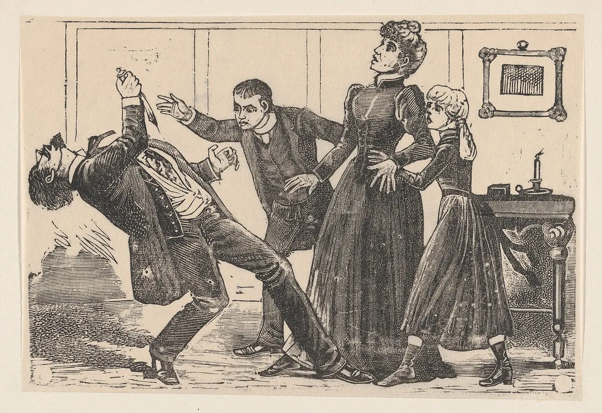 A man who has just stabbed himself falls backwards accompanied by three people — José Guadalupe Posada