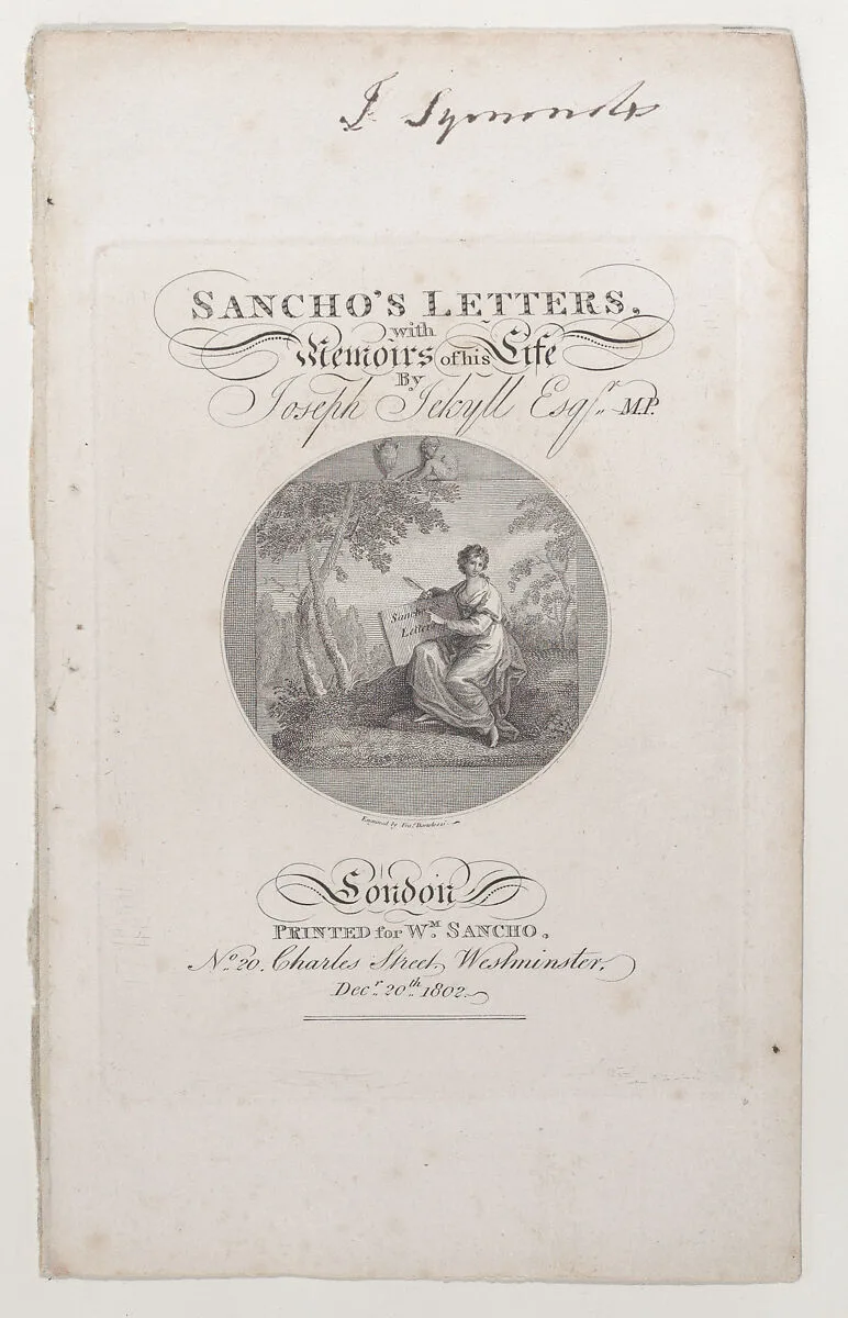 Title Page, "Sancho's Letters, with Memoirs of his Life," by Joseph Jekyll, Esq., M.P. — Francesco Bartolozzi|Ignatius Sancho|William Sancho