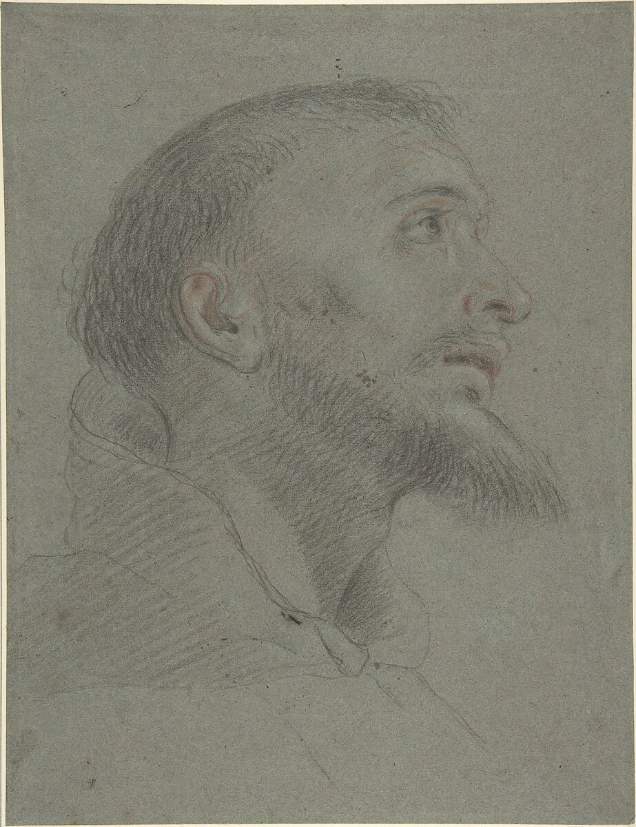 Bust-Length Study for the Head of Saint Francis in Near Profile Facing Right — Anonymous, Italian, Bolognese, 17th century