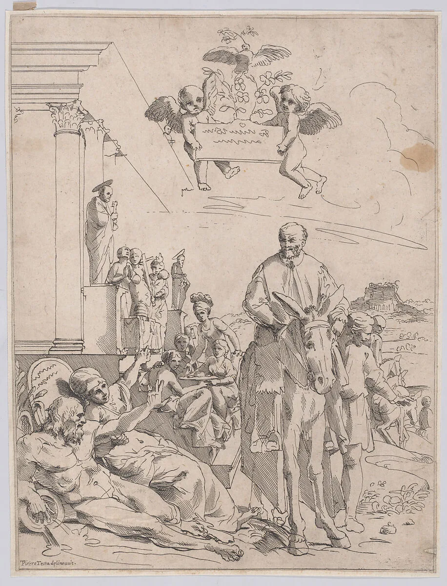 An allegory with Innocent X who is seated on horsback on the right, figures represting Rome in the lowe left — François Collignon|Pietro Testa