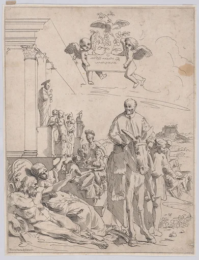 An allegory with Innocent X who is seated on horsback on the right, figures represting Rome in the lowe left