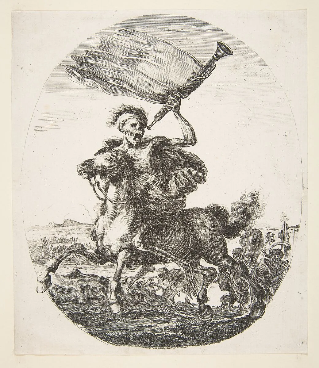 Death on horseback holding a trumpet, from 'The five deaths' (Les cinq Morts) — Stefano della Bella