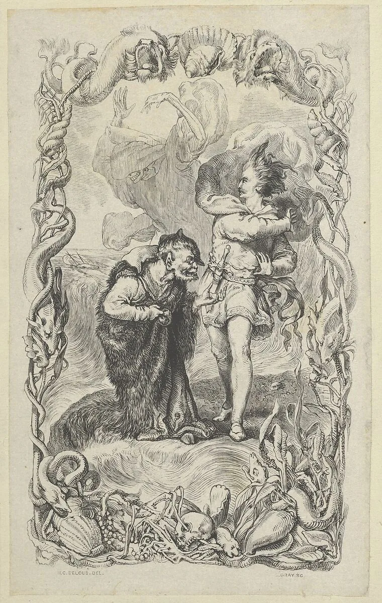 Illustration to the Tempest: Caliban, Ferdinand and Ariel — Henry Courtney Selous|Charles Gray|William Shakespeare