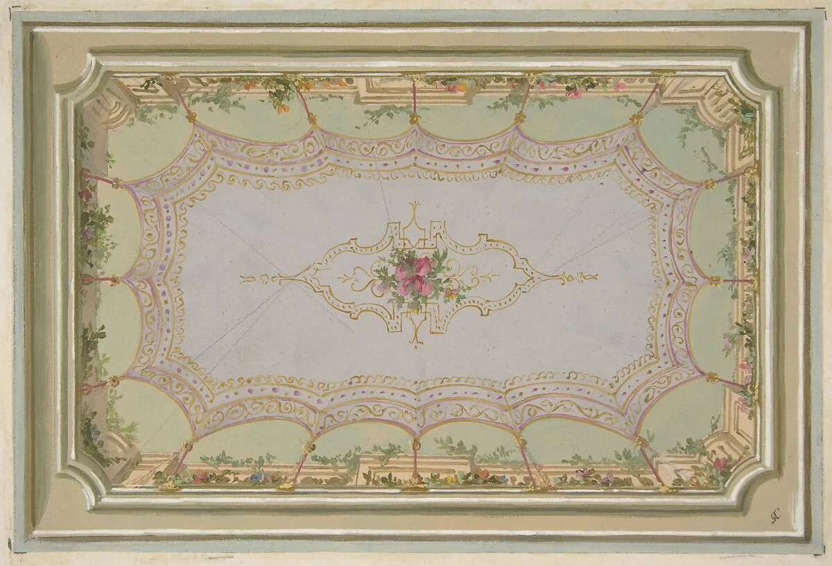 Design for the painted decoration of a ceiling with a trompe l'oeil canopy and roses — Jules-Edmond-Charles Lachaise|Eugène-Pierre Gourdet