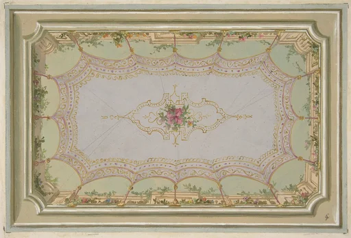 Design for the painted decoration of a ceiling with a trompe l'oeil canopy and roses