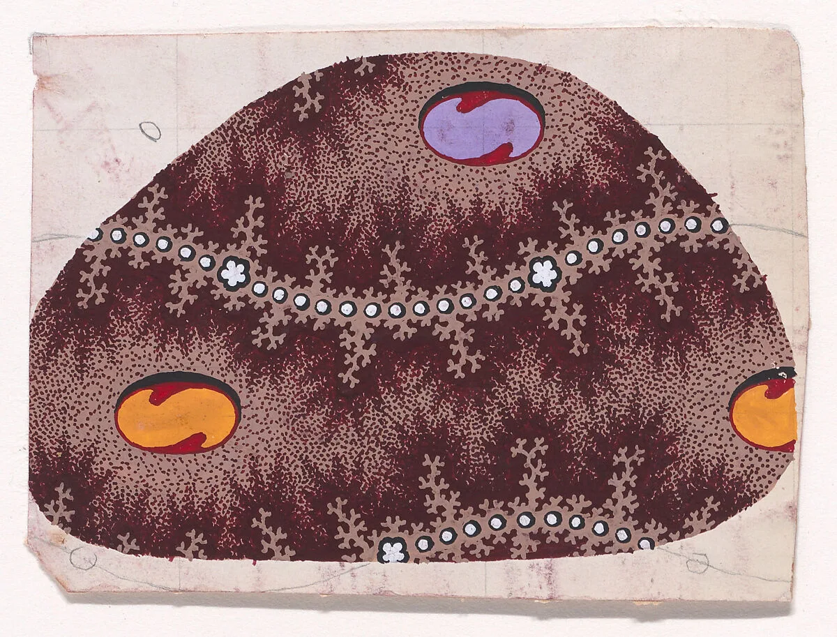 Textile Design with Alternating Rows of Ellipses Containing a Stylized S-Shape Framed by Horizontal Undulating Garlands of Branches with Pearls and Rosettes — Anonymous, Alsatian, 19th century
