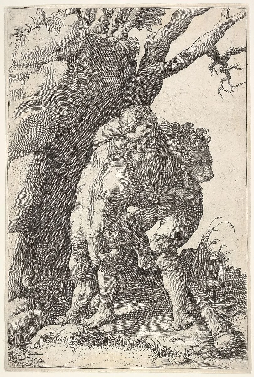 Hercules and the Nemean Lion: Hercules grasps the shoulders and chest of the lion, which is viewed from the back, beside a rocky outcrop — Adamo (Ghisi) Scultori|Giulio Romano