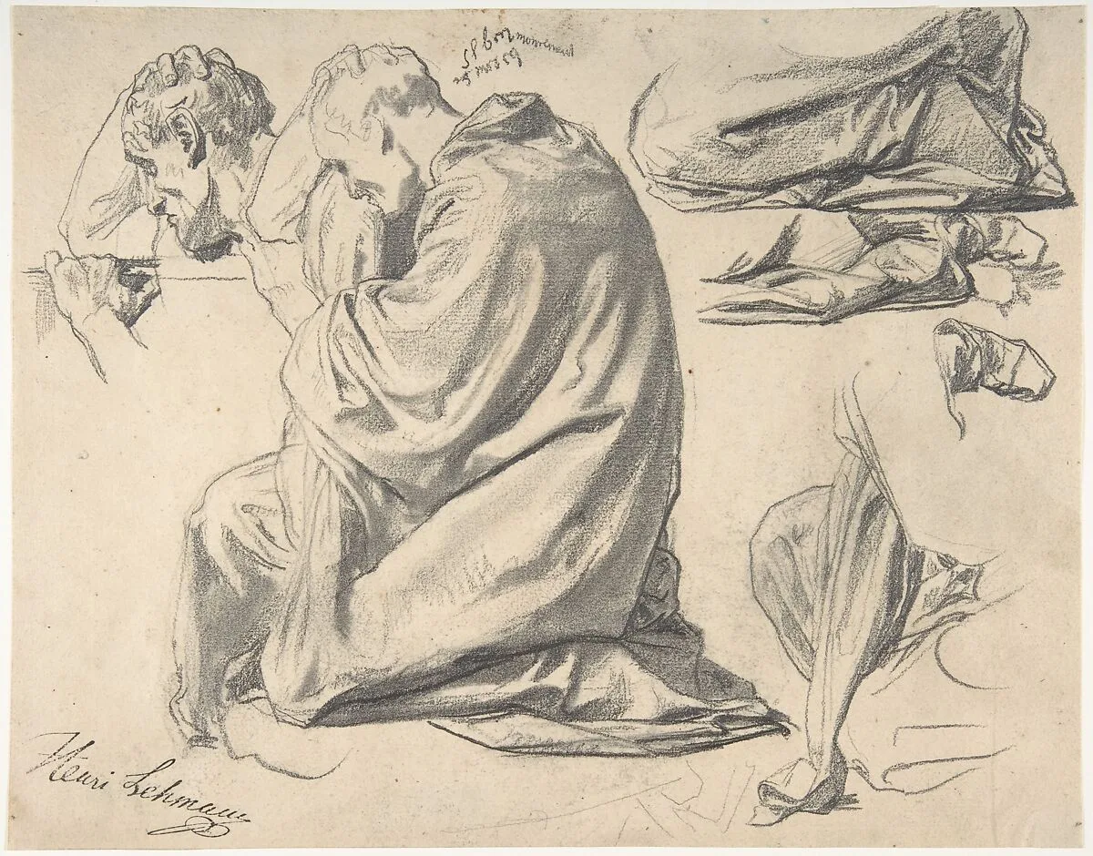Kneeling Draped Male Figure, Facing Left — Henri Lehmann