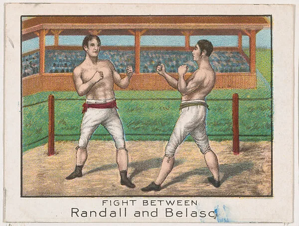 Fight Between Randall and Belasco, from the Champion Athlete and Prize Fighter series (T220), issued by Mecca and Tolstoi Cigarettes — Mecca Cigarettes|Tolstoi Cigarettes
