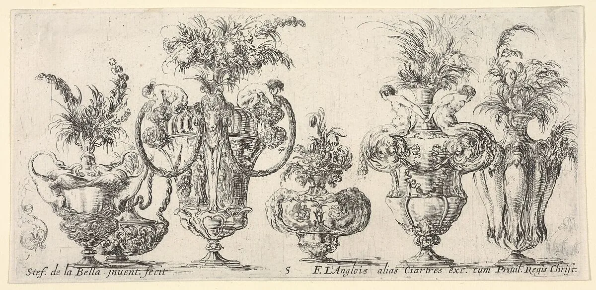 Six vases, and two sketches of vases on the extremities, Plate 5 from: 'Collection of Various Vases' (Raccolta di Vasi Diversi) — Stefano della Bella|François Langlois