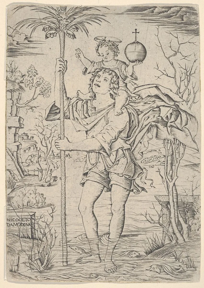 Saint Christopher with the Christ Child on his shoulder — Nicoletto da Modena