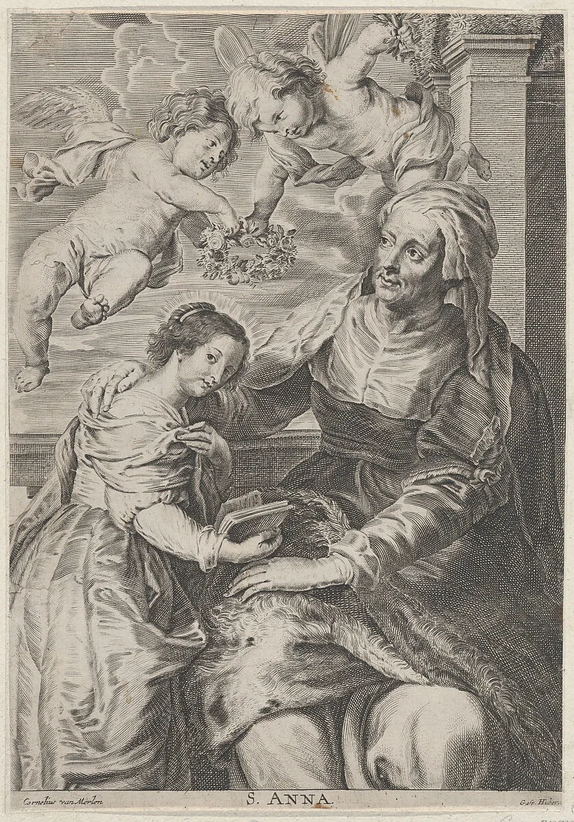 The education of the Virgin, with Saint Anne and the Virgin Mary reading with two putti overhead and Saint Joachim behind them at left — Peter Paul Rubens|Cornelis van Merlen|Anonymous|Gaspar Huberti