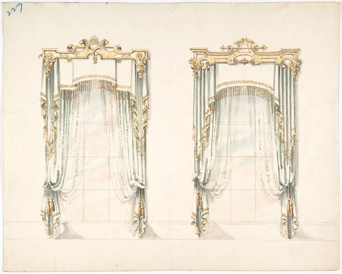Design for Two White Curtains with Gold Fringes and a White and Gold Pelmets — Anonymous, British, 19th century