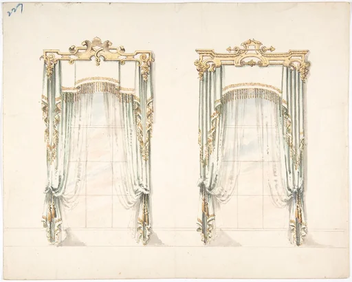 Design for Two White Curtains with Gold Fringes and a White and Gold Pelmets