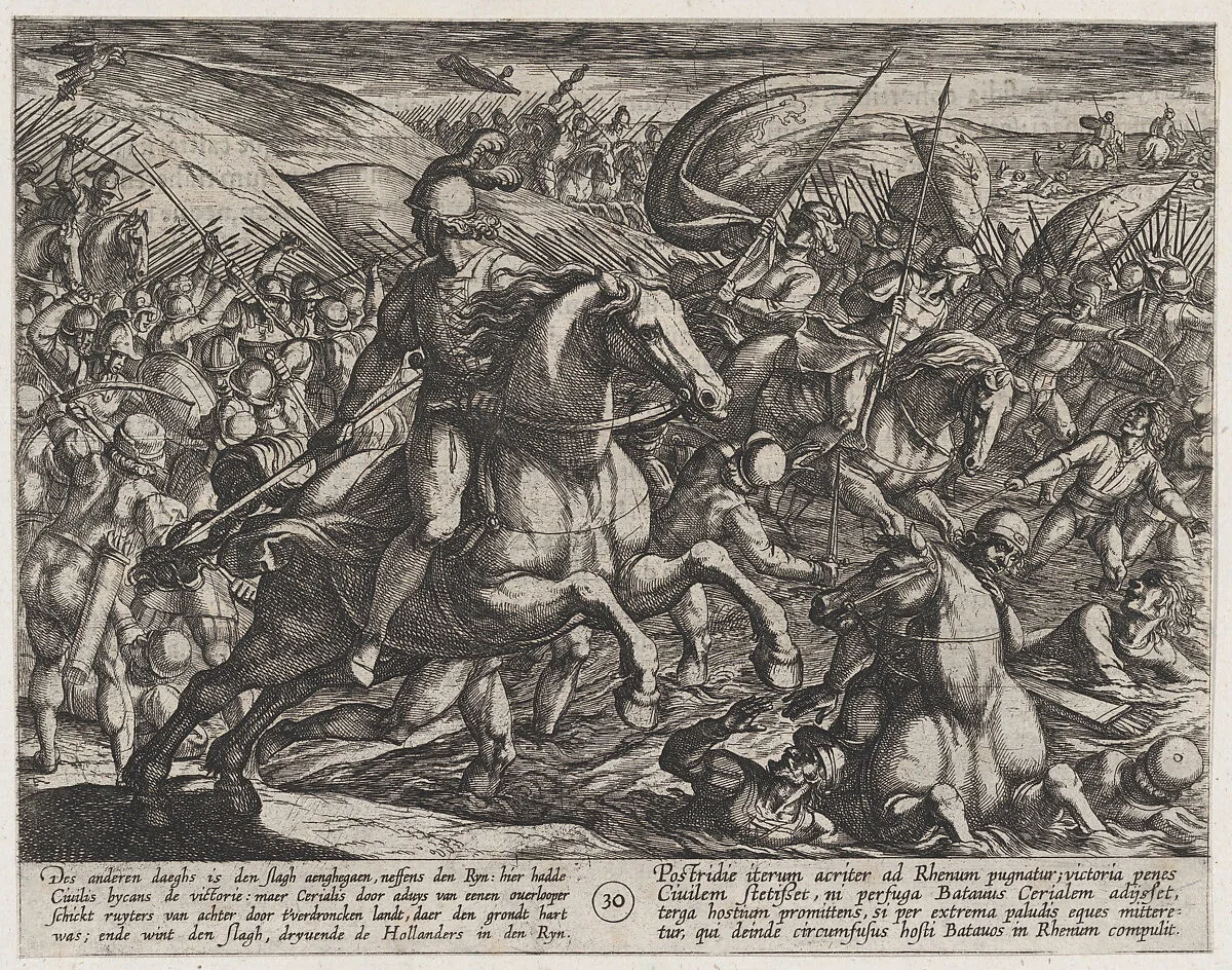 Plate 30: Cerialis Driving the Dutch into the Rhine, from The War of the Romans Against the Batavians (Romanorvm et Batavorvm societas) — Antonio Tempesta|Otto van Veen